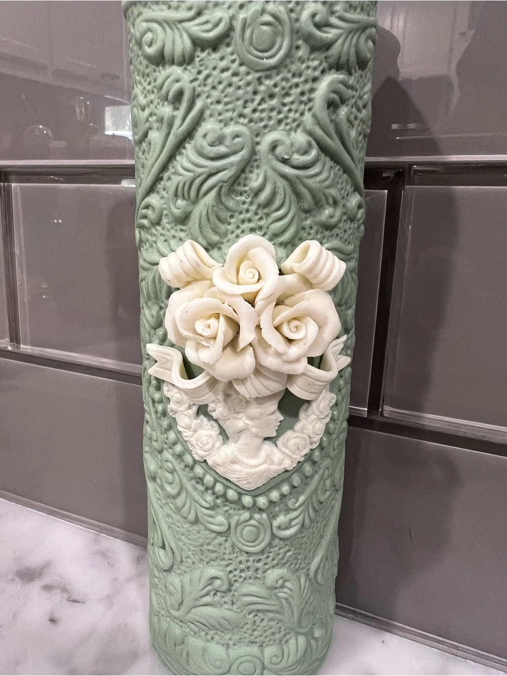 Vintage Jasperware Style Mint Green Ceramic Bud Wall Vase - Picture 2 of 5